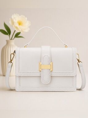 Classic White Top-Handle Satchel with Gold Hardware